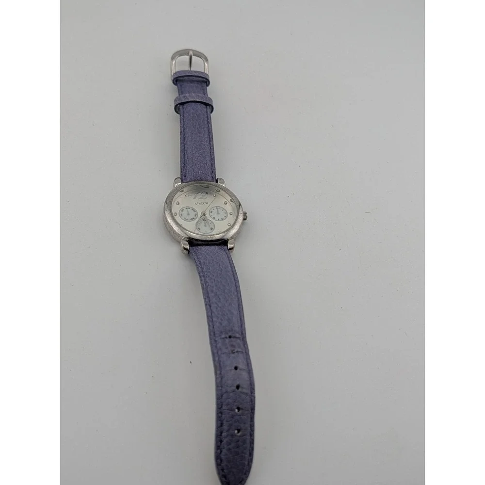 Chico's Women's Watch 34mm Silver Case Purple Leather Band- New Battery
